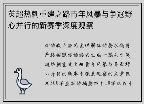 英超热刺重建之路青年风暴与争冠野心并行的新赛季深度观察